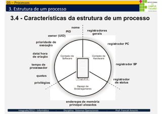 05 – Processos
3. Estrutura de um processo
3.4 - Características da estrutura de um processo
owner (UID)
PID
nome
registra...
