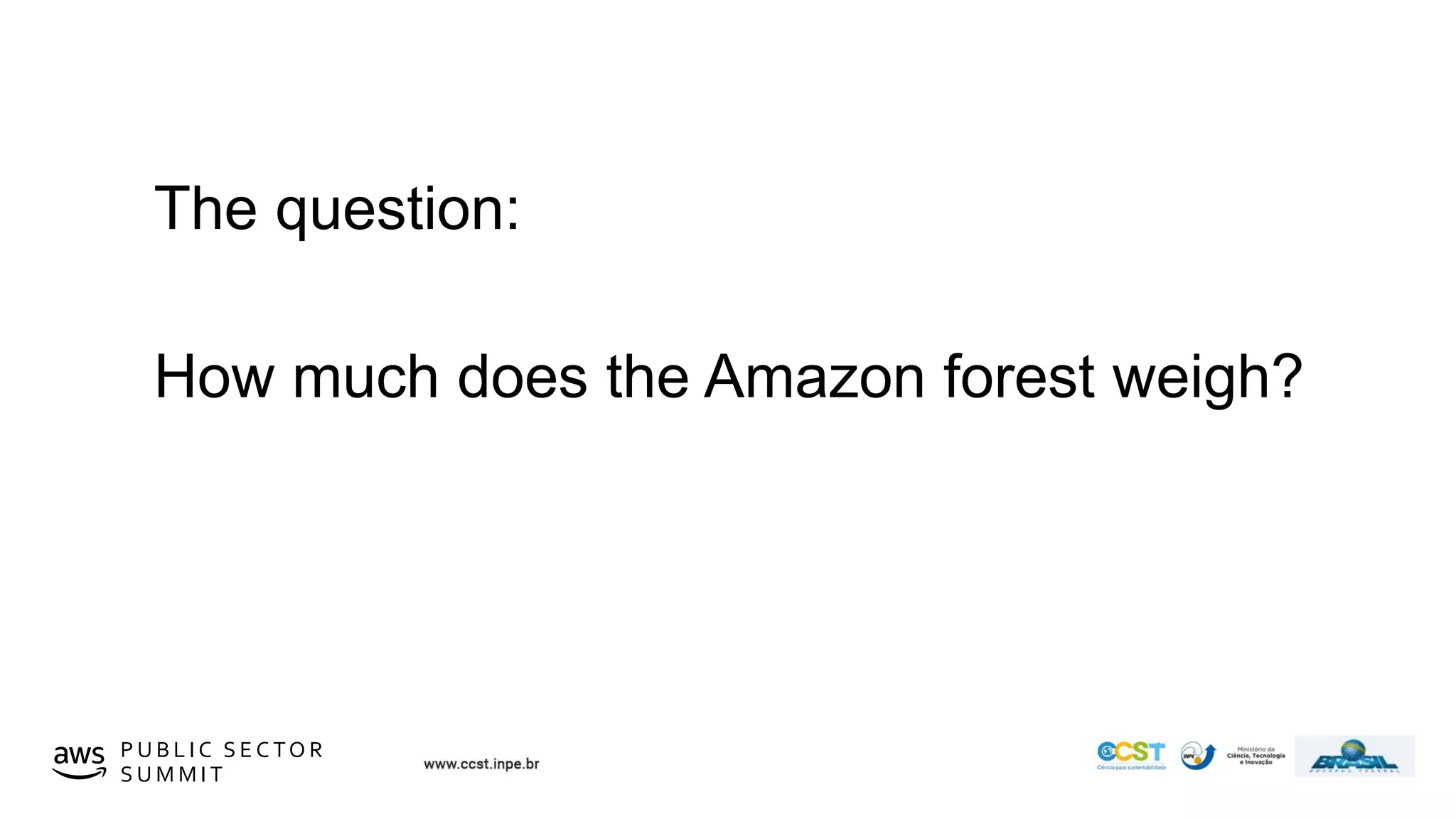 © 2019, Amazon Web Services, Inc. or its affiliates. All rights reserved.P U B L I C S E C TO R
S U M M I T
The question:
How much does the Amazon forest weigh?
 