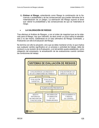 Curso de Prevención de Riesgos Laborales                            Unidad Didáctica Nº 5




    b). Estimar el Riesgo, entendiendo como Riesgo la combinación de la fre-
        cuencia o probabilidad y de las consecuencias que pueden derivarse de la
        materialización de un peligro. La estimación del Riesgo supone el tener
        que valorar la probabilidad y las consecuencias de que se materialice el
        riesgo.


    •       LA VALORACIÓN DE RIESGO

Tras efectuar el Análisis de Riesgos, y con el orden de magnitud que se ha obte-
nido para el Riesgo, hay que Valorarlo, es decir emitir un juicio sobre la tolerabili-
dad o no del mismo, hablándose en el caso afirmativo de Riesgo Controlado, y
finalizando con ello la Evaluación del Riesgo.

No termina con ello la actuación, sino que se debe mantener al día, lo que implica
que cualquier cambio significativo en un proceso o actividad de trabajo, debe de
conducir a una revisión de la Evaluación, y en tal sentido queda establecido, como
obligación del empresario, la actualización de las evaluaciones cuando cambien
las condiciones de trabajo.




RECAI                                                                               128
 