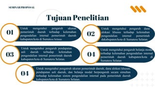 Tujuan Penelitian
01
Untuk mengetahui pengaruh ukuran
pemerintah daerah terhadap kelemahan
pengendalian internal pemerintah daerah
kabupaten/kota di Sumatera Selatan.
02
04
SEMINAR PROPOSAL
Untuk mengetahui pengaruh dana
alokasi khusus terhadap kelemahan
pengendalian internal pemerintah
dakabupaten/kota di Sumatera Selatan.
03
04
Untuk mengetahui pengaruh pendapatan
asli daerah terhadap kelemahan
pengendalian internal pemerintah daerah
kabupaten/kota di Sumatera Selatan.
Untuk mengetahui pengatruh ukuran pemerintah daerah, dana alokasi khusus,
pendapatan asli daerah, dan belanja modal berpengaruh secara simultan
terhadap kelemahan sistem pengendalian internal pada pemerintah daerah
kabupaten/kota di Sumatera Selatan.
Untuk mengetahui pengaruh belanja modal
terhadap kelemahan pengendalian internal
pemerintah daerah kabupaten/kota di
Sumatera Selatan
 
