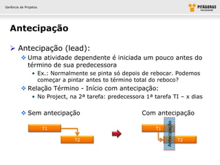 Gerência de Projetos




  Antecipação

   Antecipação (lead):
          Uma atividade dependente é iniciada um pouco antes do
           término de sua predecessora
                • Ex.: Normalmente se pinta só depois de rebocar. Podemos
                  começar a pintar antes to término total do reboco?
          Relação Término - Início com antecipação:
                • No Project, na 2ª tarefa: predecessora 1ª tarefa TI – x dias


          Sem antecipação                             Com antecipação




                                                                  Antecipação
                       T1                                    T1

                               T2                                               T2
 