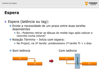 Gerência de Projetos




  Espera

   Espera (latência ou lag):
          Existe a necessidade de um prazo entre duas tarefas
           dependentes
                • Ex.: Podemos retirar as tábuas do molde logo após colocar o
                  concreto numa coluna?
          Relação Término – Início com espera:
                • No Project, na 2ª tarefa: predecessora 1ª tarefa TI + x dias


          Sem latência                            Com latência




                                                                 Latência
                       T1                                T1

                               T2                                           T2
 