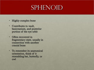 Sphenoid
• Highly complex bone

• Contributes to vault,
  basicranium, and posterior
  portion of the eye orbit

• Often recovered in
  fragmentary state, usually in
  connection with another
  cranial bone

• To remember its anatomical
  orientation, think of it
  resembling bat, butterfly, or
  owl
 