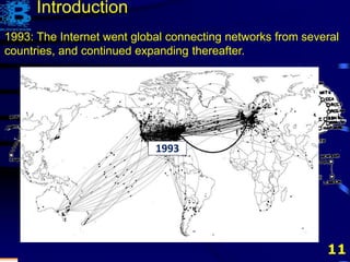 11
1993: The Internet went global connecting networks from several
countries, and continued expanding thereafter.
1993
Introduction
 