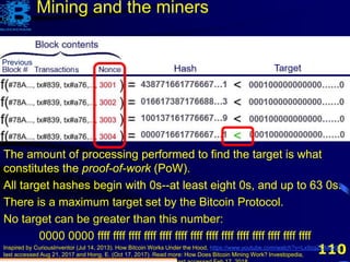 110
Previous
Mining and the miners
The amount of processing performed to find the target is what
constitutes the proof-of-work (PoW).
The amount of processing performed to find the target is what
constitutes the proof-of-work (PoW).
All target hashes begin with 0s--at least eight 0s, and up to 63 0s.
The amount of processing performed to find the target is what
constitutes the proof-of-work (PoW).
All target hashes begin with 0s--at least eight 0s, and up to 63 0s.
There is a maximum target set by the Bitcoin Protocol.
The amount of processing performed to find the target is what
constitutes the proof-of-work (PoW).
All target hashes begin with 0s--at least eight 0s, and up to 63 0s.
There is a maximum target set by the Bitcoin Protocol.
No target can be greater than this number:
0000 0000 ffff ffff ffff ffff ffff ffff ffff ffff ffff ffff ffff ffff ffff ffff
Inspired by CuriousInventor (Jul 14, 2013). How Bitcoin Works Under the Hood, https://www.youtube.com/watch?v=Lx9zgZCMqXE,
last accessed Aug 21, 2017 and Hong, E. (Oct 17, 2017). Read more: How Does Bitcoin Mining Work? Investopedia,
s
 