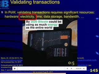 145
CuriousInventor (Jul 14, 2013). How Bitcoin Works Under the Hood, https://www.youtube.com/watch?v=Lx9zgZCMqXE, last
accessed Aug 21, 2017.
Wan, T. and Hoblitzell, M. (June 26, 2014). Bitcoin - Fact. Fiction. Future, https://dupress.deloitte.com/dup-us-en/topics/emerging-
technologies/bitcoin-fact-fiction-future.html, last accessed Aug 20, 2017.
Martin, W. (16 Oct 2017). The electricity required for a single Bitcoin trade could power a house for a whole month,
https://www.weforum.org/agenda/2017/10/the-electricity-required-for-a-single-bitcoin-trade-could-power-a-house-for-a-whole-month,
last accessed Dec 15, 2017.
In PoW, validating transactions requires significant resources:
hardware, electricity, time, data storage, bandwidth, …
Validating transactions
0:5
6
 
