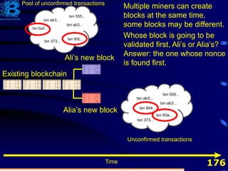 176
Existing blockchain
Time
Unconfirmed transactions
Ali’s new block
Pool of unconfirmed transactions
Alia’s new block
Multiple miners can create
blocks at the same time,
some blocks may be different.
Whose block is going to be
validated first, Ali’s or Alia’s?
Answer: the one whose nonce
is found first.
 