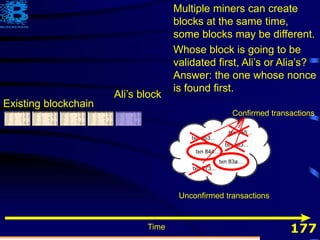 177
Existing blockchain
Time
Unconfirmed transactions
Confirmed transactions
Ali’s block
Multiple miners can create
blocks at the same time,
some blocks may be different.
Whose block is going to be
validated first, Ali’s or Alia’s?
Answer: the one whose nonce
is found first.
 