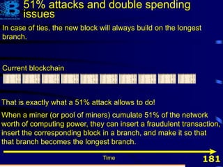 181Time
Current blockchain
That is exactly what a 51% attack allows to do!
When a miner (or pool of miners) cumulate 51% of the network
worth of computing power, they can insert a fraudulent transaction,
insert the corresponding block in a branch, and make it so that
that branch becomes the longest branch.
In case of ties, the new block will always build on the longest
branch.
51% attacks and double spending
issues
 