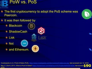 190
The first cryptocurrency to adopt the PoS scheme was
Peercoin.
Investopedia (n.d.). Proof of Stake (PoS), https://www.investopedia.com/terms/p/proof-stake-pos.asp, last accessed Jan 14, 2018.
Ray, S. (Oct 6, 2017). What is Proof of Stake? https://hackernoon.com/what-is-proof-of-stake-8e0433018256, last accessed Jan 14,
2018.
PoW vs. PoS
The first cryptocurrency to adopt the PoS scheme was
Peercoin.
It was then followed by
Blackcoin
ShadowCash
Lisk
Nxt
and Ethereum.
 