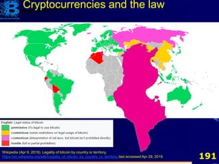 191
Wikipedia (Apr 8, 2019). Legality of bitcoin by country or territory,
https://en.wikipedia.org/wiki/Legality_of_bitcoin_by_country_or_territory, last accessed Apr 28, 2019.
Cryptocurrencies and the law
 