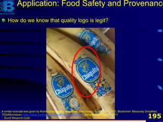 195
Application: Food Safety and Provenance
A similar example was given by Richie Etwaru using tangerines. See Etwaru, R. (May 15, 2017). Blockchain: Massively Simplified,
TEDxMorristown, https://www.youtube.com/watch?v=k53LUZxUF50, last accessed Aug 21, 2017.
1. Quick Respone Code
How do we know that quality logo is legit?
 