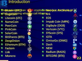 22
There are more than 1.658 cryptocurrencies in the world, all of
which comprising what we call Altcoins.
Introduction
 