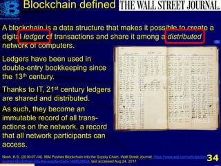 34
Blockchain defined
A blockchain is a data structure that makes it possible to create a
digital ledger of transactions and share it among a distributed
network of computers.
Nash, K.S. (2016-07-14). IBM Pushes Blockchain into the Supply Chain, Wall Street Journal, https://www.wsj.com/articles/ibm-
pushes-blockchain-into-the-supply-chain-1468528824, last accessed Aug 24, 2017.
Ledgers have been used in
double-entry bookkeeping since
the 13th century.
Thanks to IT, 21st century ledgers
are shared and distributed.
As such, they become an
immutable record of all trans-
actions on the network, a record
that all network participants can
access.
 