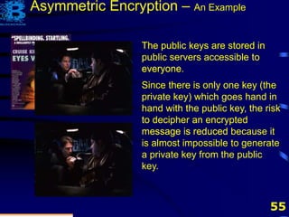 55
The public keys are stored in
public servers accessible to
everyone.
The public keys are stored in
public servers accessible to
everyone.
Since there is only one key (the
private key) which goes hand in
hand with the public key, the risk
to decipher an encrypted
message is reduced
The public keys are stored in
public servers accessible to
everyone.
Since there is only one key (the
private key) which goes hand in
hand with the public key, the risk
to decipher an encrypted
message is reduced because it
is almost impossible to generate
a private key from the public
key.
Asymmetric Encryption – An Example
 