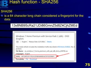 75
SHA256
is a 64 character long chain considered a fingerprint for the
data.
Hash function - SHA256
 