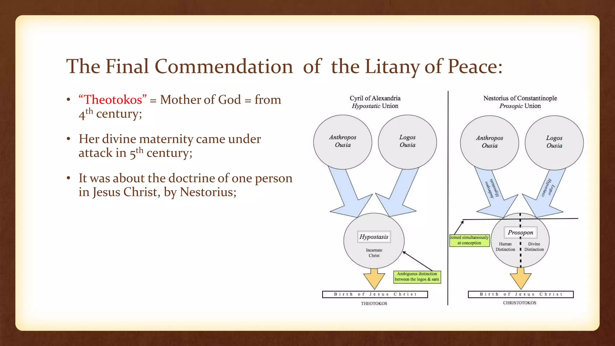 The Final Commendation of the Litany of Peace:
• “Theotokos” = Mother of God = from
4th century;
• Her divine maternity came under
attack in 5th century;
• It was about the doctrine of one person
in Jesus Christ, by Nestorius;
 