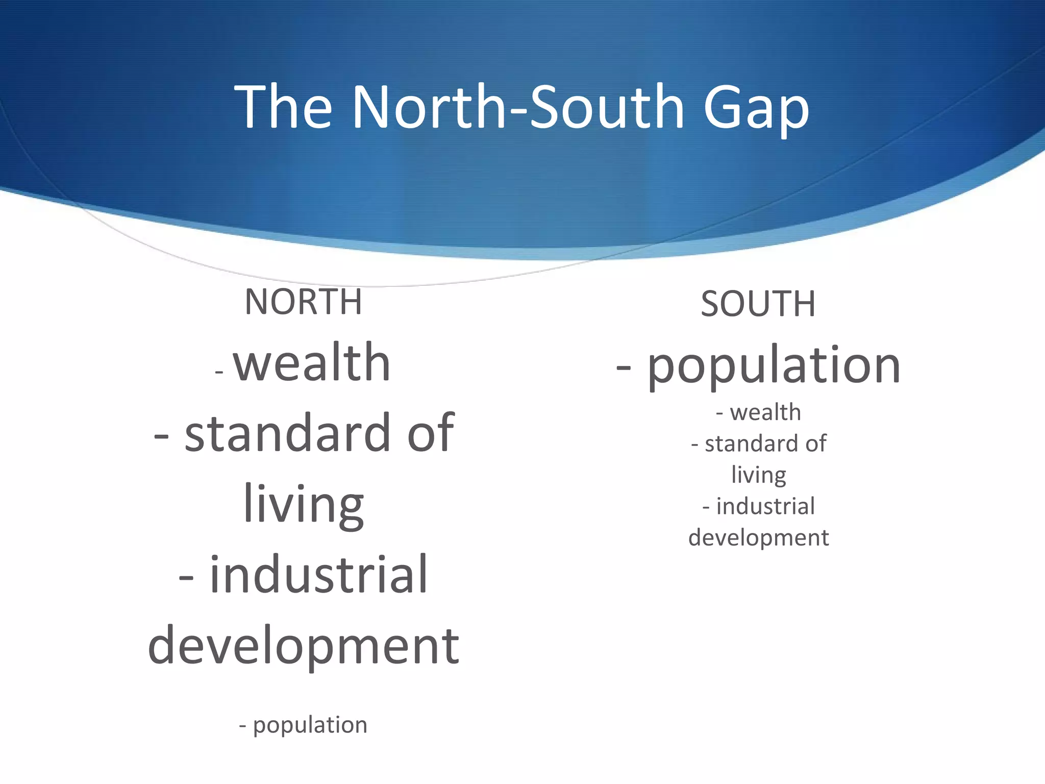 The North-South Gap NORTH -  wealth - standard of living - industrial development - population SOUTH - population - wealth - standard of living - industrial development 