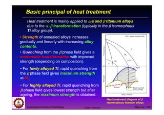 Suranaree University of Technology May-Aug 2007
Basic principal of heat treatment
Heat treatment is mainly applied to α/βα/βα/βα/β and ββββ titanium alloys
due to the αααα−−−−ββββ transformation (typically in the ββββ isomorphous
Ti alloy group).
Heat treatment diagram of ββββ
isomorphous titanium alloys
• Strength of annealed alloys increases
gradually and linearly with increasing alloy
contents.
• For highly alloyed Ti, rapid quenching from
ββββ phase field gives lowest strength but after
ageing, the maximum strength is obtained.
• For lowly alloyed Ti, rapid quenching from
the ββββ phase field gives maximum strength
at Mf.
• Quenching from the ββββ phase field gives a
martensitic transformation with improved
strength (depending on composition).
Tapany Udomphol
 