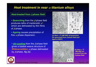 Suranaree University of Technology May-Aug 2007
Heat treatment in near αααα titanium alloys
Heat-treated from ββββ phase field
• Air-cooling from the ββββ phase field
gives a basket weave structure of
Widmanstätten αααα phase delineated
by ββββ phase, fig (b).
(b) Near αααα Ti
(IMI 685) air-
cooled from the
ββββ phase field
• Quenching from the ββββ phase field
produces laths of martensitic αααα’ ,
which are delineated by thin films
of ββββ phase.
• Ageing causes precipitation of
fine αααα phase dispersion.
0.5 µµµµm
X 75
(a) Near αααα Ti (IMI 685) oil-quenched,
(b) quenched from ββββ phase field and
aged at 850oC
Tapany Udomphol
 
