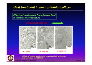 Suranaree University of Technology May-Aug 2007
Heat treatment in near αααα titanium alloys
Effects of cooling rate from ββββ phase field
in lamellar microstructure
Effects of cooling rage from the beta phase field on lamellar
microstructure in Ti 6242 alloy
(a) 1oC /min (b) 100oC /min (a) 8000oC /min
Increasing cooling rate
Tapany Udomphol
 
