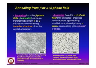 Suranaree University of Technology May-Aug 2007
Annealing from ββββ or α+βα+βα+βα+β phase field
Annealed from ββββ phase field, showing
transformed ββββ phase or lamellar
(basket weaves) microstructure of
Ti-6Al-4V
Annealed from α+βα+βα+βα+β phase field,
showing equiaxed αααα grains (light)
with intergranular retained beta (dark)
• Annealing from the ββββ phase
field (ββββ annealed) causes a
transformation from ββββ to αααα
microstructure containing
lamellar structure of similar
crystal orientation.
• Annealing from the α+βα+βα+βα+β phase
field (mill annealed) produces
microstructure approaching
equilibrium equiaxed primary αααα
phase surrounding with retained
ββββ phase.
250 x
Tapany Udomphol
 