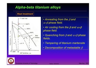 Suranaree University of Technology May-Aug 2007
Alpha-beta titanium alloys
Heat treatment
• Annealing from the β and
α+β phase field.
• Air cooling from the ββββ and α+βα+βα+βα+β
phase field.
• Quenching from β and α+β phase
fields.
• Tempering of titanium martensite
• Decomposition of metastable β
Tapany Udomphol
 