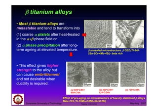Suranaree University of Technology May-Aug 2007
ββββ titanium alloys
• Most ββββ titanium alloys are
metastable and tend to transform into
(1) coarse αααα platets after heat-treated
in the α+βα+βα+βα+β phase field or
(2) αααα phase precipitation after long-
term ageing at elevated temperature.
Effect of pre-aging on microstructure of heavily stabilised ββββ alloys
Beta 21S (Ti-15Mo-2.6Nb-3Al-0.2Si)
(a) 690oC/8h+
650oC/8h.
(b) 500oC/8h+
725oC/24h.
(c) 725oC/24h.
ββββ annealed microstructure, ββββ CEZ (Ti-5Al-
2Sn-2Cr-4Mo-4Zr)- beta rich
• This effect gives higher
strength to the alloy but
can cause embrittlement
and not desirable when
ductility is required.
Tapany Udomphol
 