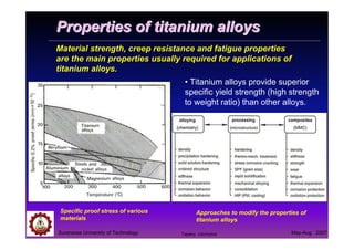 Suranaree University of Technology May-Aug 2007
Properties of titanium alloysProperties of titanium alloys
Material strength, creep resistance and fatigue properties
are the main properties usually required for applications of
titanium alloys.
• Titanium alloys provide superior
specific yield strength (high strength
to weight ratio) than other alloys.
Specific proof stress of various
materials
Approaches to modify the properties of
titanium alloys
Tapany Udomphol
 