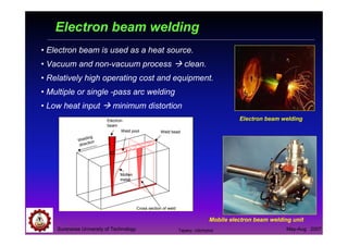 Suranaree University of Technology May-Aug 2007
Electron beam welding
Mobile electron beam welding unit
• Electron beam is used as a heat source.
• Vacuum and non-vacuum process clean.
• Relatively high operating cost and equipment.
• Multiple or single -pass arc welding
• Low heat input minimum distortion
Electron beam weldingElectron
beam
Weld pool
Welding
direction
Weld bead
Cross section of weld
Molten
metal
Tapany Udomphol
 