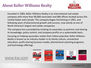 About Keller Williams Realty	Founded in 1983, Keller Williams Realty is an international real estate company with more than 80,000 associates and 686 offices located across the United States and Canada. The company began franchising in 1991, and following years of phenomenal growth and success, now stands as one of North America’s largest real estate companies.	The company has succeeded by treating its associates as partners and sharing its knowledge, policy control, and company profits on a systemwide basis. 	Focusing on helping associates realize their fullest potential, Keller Williams Realty is known as an industry leader in its family culture, unmatched education, profit-sharing business model, phenomenal coaching programs, and technology offerings. www.kw.com