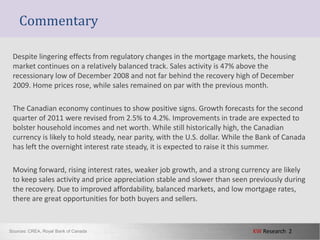 CommentaryDespite lingering effects from regulatory changes in the mortgage markets, the housing market continues on a relatively balanced track. Sales activity is 47% above the recessionary low of December 2008 and not far behind the recovery high of December 2009. Home prices rose, while sales remained on par with the previous month.  The Canadian economy continues to show positive signs. Growth forecasts for the second quarter of 2011 were revised from 2.5% to 4.2%. Improvements in trade are expected to bolster household incomes and net worth. While still historically high, the Canadian currency is likely to hold steady, near parity, with the U.S. dollar. While the Bank of Canada has left the overnight interest rate steady, it is expected to raise it this summer.Moving forward, rising interest rates, weaker job growth, and a strong currencyare likely to keep sales activity and price appreciation stable and slower than seen previously during the recovery. Due to improved affordability, balanced markets, and low mortgage rates, there are great opportunities for both buyers and sellers.Sources: CREA, Royal Bank of Canada