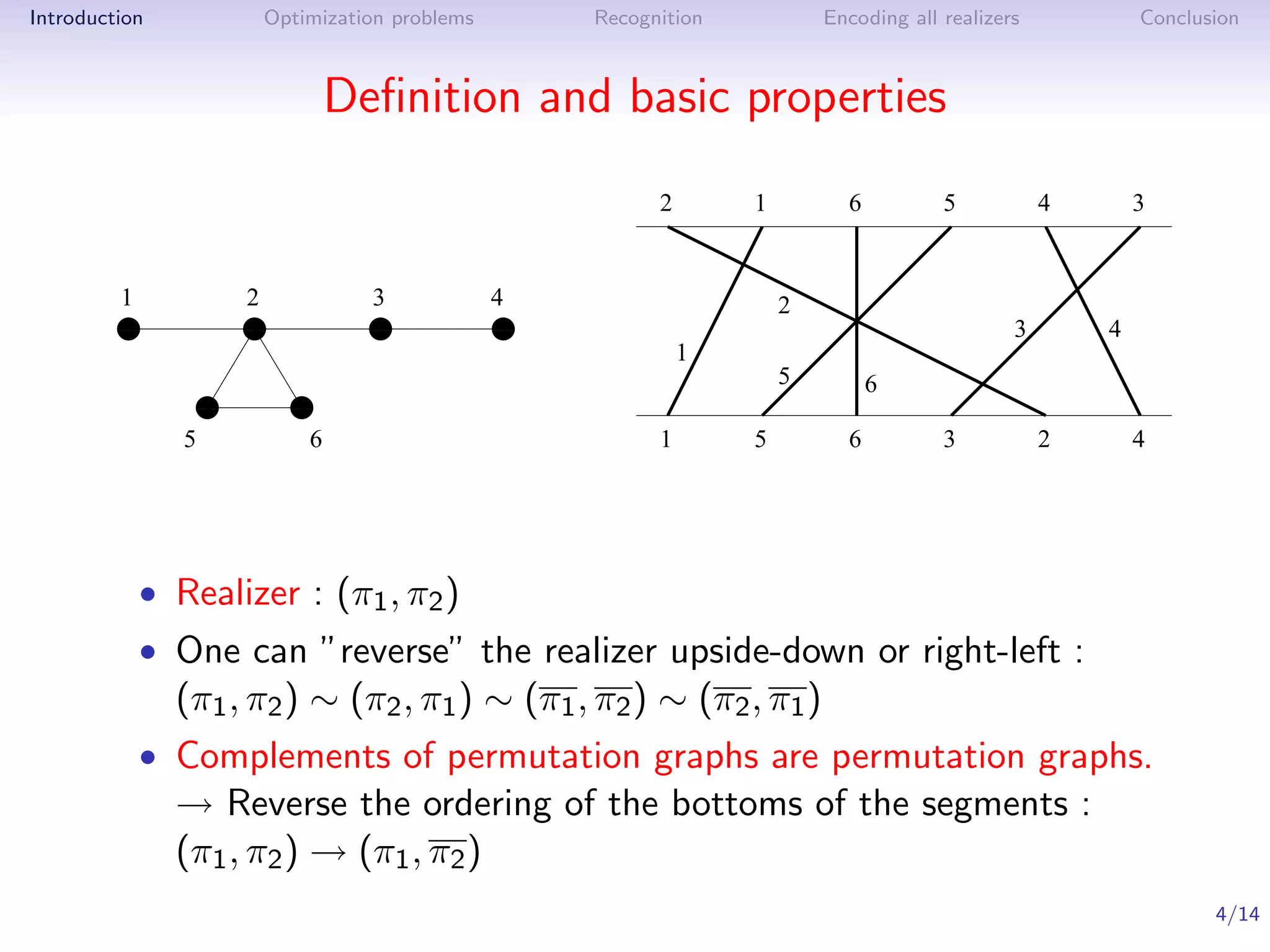 Introduction         Optimization problems    Recognition           Encoding all realizers           Conclusion



                             Deﬁnition and basic properties
                                                    2       1         6          5           4       3


         1          2          3          4                     2
         1
         0          1
                    0          1
                               0         11
                                         00
         1
         0          1
                    0          1
                               0         11
                                         00                                              3       4
                                                        1
                                                                5         6
                1
                0       1
                        0
                1
                0       1
                        0
               5         6                          1       5         6          3           2       4




           • Realizer : (π1 , π2 )
           • One can ”reverse” the realizer upside-down or right-left :
               (π1 , π2 ) ∼ (π2 , π1 ) ∼ (π1 , π2 ) ∼ (π2 , π1 )
           • Complements of permutation graphs are permutation graphs.
               → Reverse the ordering of the bottoms of the segments :
               (π1 , π2 ) → (π1 , π2 )
                                                                                                            4/14
 