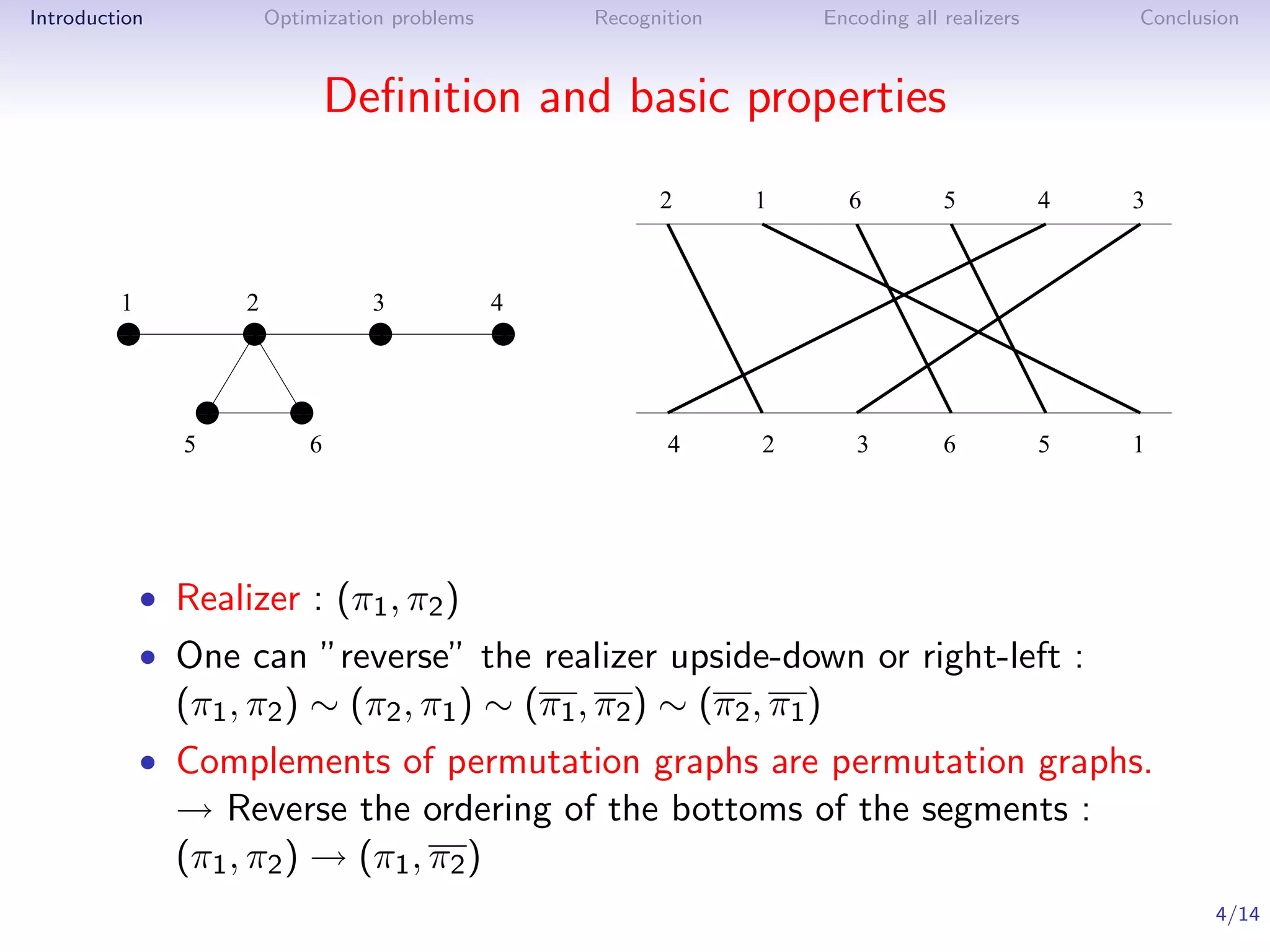 Introduction         Optimization problems    Recognition          Encoding all realizers       Conclusion



                             Deﬁnition and basic properties
                                                    2       1        6          5           4   3



         1          2          3          4
         1
         0          1
                    0          1
                               0         11
                                         00
         1
         0          1
                    0          1
                               0         11
                                         00

                1
                0       1
                        0
                1
                0       1
                        0
               5         6                           4      2         3         6           5   1




           • Realizer : (π1 , π2 )
           • One can ”reverse” the realizer upside-down or right-left :
               (π1 , π2 ) ∼ (π2 , π1 ) ∼ (π1 , π2 ) ∼ (π2 , π1 )
           • Complements of permutation graphs are permutation graphs.
               → Reverse the ordering of the bottoms of the segments :
               (π1 , π2 ) → (π1 , π2 )
                                                                                                       4/14
 
