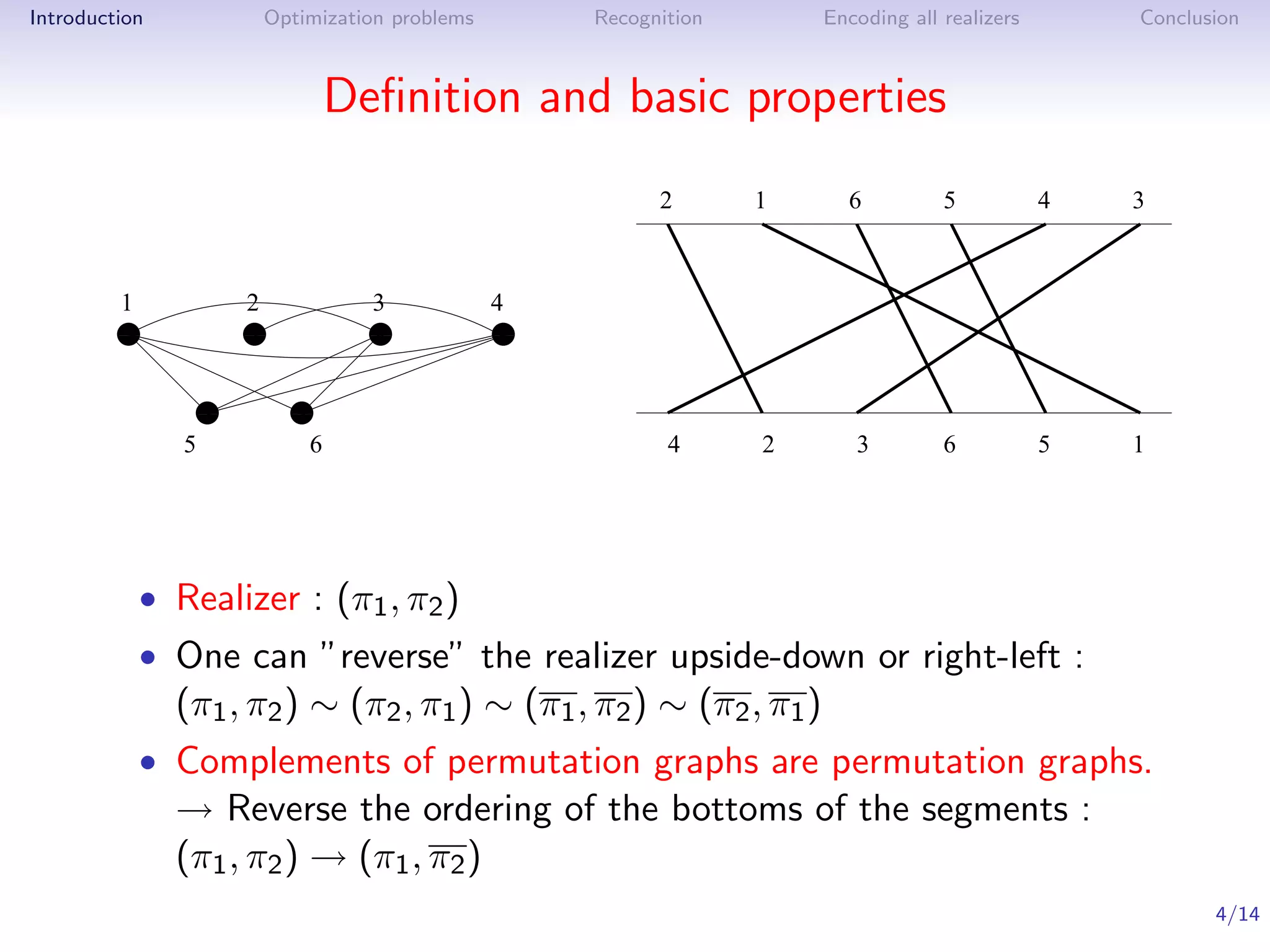 Introduction         Optimization problems    Recognition          Encoding all realizers       Conclusion



                             Deﬁnition and basic properties
                                                    2       1        6          5           4   3



         1          2          3          4
         1
         0          1
                    0          1
                               0         11
                                         00
         1
         0          1
                    0          1
                               0         11
                                         00

                1
                0       1
                        0
                1
                0       1
                        0
               5         6                           4      2         3         6           5   1




           • Realizer : (π1 , π2 )
           • One can ”reverse” the realizer upside-down or right-left :
               (π1 , π2 ) ∼ (π2 , π1 ) ∼ (π1 , π2 ) ∼ (π2 , π1 )
           • Complements of permutation graphs are permutation graphs.
               → Reverse the ordering of the bottoms of the segments :
               (π1 , π2 ) → (π1 , π2 )
                                                                                                       4/14
 