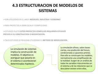 4.3 ESTRUCTURACION DE MODELOS DE
SISTEMAS
SON UTILIZADOS EN EL AREA: NEGOCIOS, INDUSTRIA Y GOBIERNO.
PARA PROYECTOS A GRAN ESCALA Y COMPLEJIDAD.
ESTUDIOS PILOTO:ESTOS PROYECTOS COMPLEJOS REQUIEREN ESTUDIOS
PREVIOS A SU CONSTRUCCION O MODIFICACION.
TALES ESTUDIOS SE REALIZAN UTILIZANDO EL METODO DE MODELIZACION.
La simulación ofrece, sobre bases
ciertas, esa predicción del futuro,
condicionada a supuestos previos.
Para ello se construyen los modelos,
normalmente una simplificación de
la realidad. Surgen de un análisis de
todas las variables intervinientes en
el sistema y de las relaciones que se
descubren existen entre ellas.
La simulación de sistemas
implica la construcción de
modelos. El objetivo es
averiguar que pasaría en
el sistema si acontecieran
determinadas hipótesis.
 