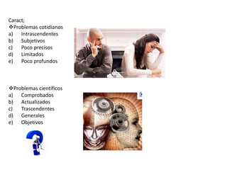 Caract;
Problemas cotidianos
a) Intrascendentes
b) Subjetivos
c) Poco precisos
d) Limitados
e) Poco profundos
Problemas científicos
a) Comprobados
b) Actualizados
c) Trascendentes
d) Generales
e) Objetivos
 
