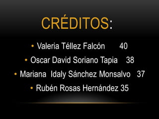 CRÉDITOS:
• Valeria Téllez Falcón

40

• Oscar David Soriano Tapia 38
• Mariana Idaly Sánchez Monsalvo 37
• Rubén Rosas Hernández 35

 