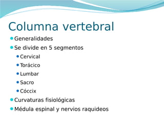 Columna vertebral
Generalidades
Se divide en 5 segmentos
Cervical
Torácico
Lumbar
Sacro
Cóccix

Curvaturas fisiológicas
Médula espinal y nervios raquideos

 