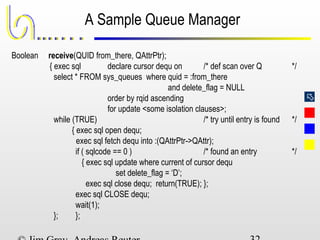 
A Sample Queue Manager
Boolean receive(QUID from_there, QAttrPtr);
{ exec sql declare cursor dequ on /* def scan over Q */
select * FROM sys_queues where quid = :from_there
and delete_flag = NULL
order by rqid ascending
for update <some isolation clauses>;
while (TRUE) /* try until entry is found */
{ exec sql open dequ;
exec sql fetch dequ into :(QAttrPtr->QAttr);
if ( sqlcode == 0 ) /* found an entry */
{ exec sql update where current of cursor dequ
set delete_flag = ‘D’;
exec sql close dequ; return(TRUE); };
exec sql CLOSE dequ;
wait(1);
}; };
 