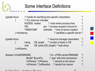 
Some Interface Definitions
typedef struct /* handle for identifying the specific instantiation */
{ /* of a resource manager */
NODEID nodeid; /* node where process lives */
PID pid; /* process request is bound to */
TIMESTAMP birthdate; /* time of server creation */
} rmInstance; /* identifies a specific server */
typedef struct /* resource manager parameters */
{ Ulong CB_length; /* number of bytes in CB */
char CB_bytes [CB_length]; /* byte string */
} rmParams;
Boolean rmCall(RMNAME, /*inv. of RM named RMNAME */
Bindld* BoundTo, /* expl. with bind mechanism */
rmParams * InParams, /* params to the server */
rmParams * OutResults); /* results from server */
 