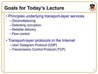 2
Goals for Today’s Lecture
• Principles underlying transport-layer services
– (De)multiplexing
– Detecting corruption
– Reliable delivery
– Flow control
• Transport-layer protocols in the Internet
– User Datagram Protocol (UDP)
– Transmission Control Protocol (TCP)
 