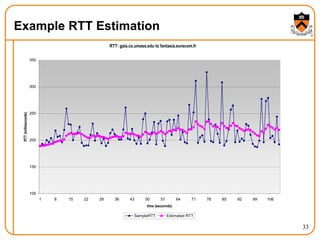 33
Example RTT Estimation
RTT: gaia.cs.umass.edu to fantasia.eurecom.fr
100
150
200
250
300
350
1 8 15 22 29 36 43 50 57 64 71 78 85 92 99 106
time (seconnds)
RTT
(milliseconds)
SampleRTT Estimated RTT
 