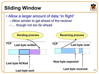 38
Sliding Window
• Allow a larger amount of data “in flight”
– Allow sender to get ahead of the receiver
– … though not too far ahead
Sending process Receiving process
Last byte ACKed
Last byte sent
TCP TCP
Next byte expected
Last byte written Last byte read
Last byte received
 