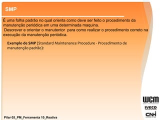 SMP
Pilar 05_PM_Ferramenta 10_Reativa
É uma folha padrão no qual orienta como deve ser feito o procedimento da
manutenção periódica em uma determinada maquina.
Descrever e orientar o manutentor para como realizar o procedimento correto na
execução da manutenção periódica.
Exemplo de SMP (Standard Maintenance Procedure - Procedimento de
manutenção padrão):
 
