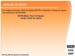 Pilar 05_PM_Ferramenta 18_Preventiva
ANÁLISE DE MTTR
É a analise de tempo médio de reparo (MTTR), reduzindo o tempo de reparo
nas máqunas e ferramentas
MTTR (Mean Time To Repair)
Tempo mádio de raparo
 