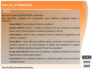 5W+1H, 5 PORQUÊS
Pilar 05_PM_Ferramenta 02_Reativa
Tem como objetivo DESCREVER o fenômeno.
Mini Check-list, composto de 6 perguntas, para verificar e entender melhor o
problema.
 O que (What)? O que aconteceu? Qual foi o problema?
 Quando (When)? Quando o problema aconteceu? Em que momento da operação
(horas, turno)? Ocorreu durante um trabalho esporádico ou normal?
 Onde (Where)? Onde foi visto o problema? Onde no material ou equipamento você
detectou o problema?
 Quem (Who)? Quem afeta este problema (tempo do operador na atividade)? É um
problema individual ou de várias pessoas? É afetado pela habilidade do operador
(alguma habilidade específica necessária)? Quem faz a operação?
 De que forma (Which)? Qual forma ou tendência o problema se apresenta? Acontece
aleatoriamente ou segue algum padrão?
 Como (How)? Como a situação foi alterada em relação ao padrão? Com que frequência
o problema ocorre?
5W1H
 