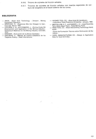 X-X-6.   Tricono de cojinetes de fricción sellados.
                        X-X-7.   Triconos de cojinetes de fricción sellados con insertos especiales de car-
                                 buro de tungsteno en el tacón exterior de los conos.



BIBLlOGRAFIA

- ANON.: «Blast Hole Technology - Dresser». Mining           -   HUGHES TOOL CO.: «Blast Hole Bit Handbook».
  Equipment Operation.                                           «Laboratory Tests Prediction Drillability». January, 1982.
~ BREZOVEC,D.: «Expensive Bits Are Cheaper to Use».          -   MACCALLUM, H. F., and SANGER, J. G.: «Used Rock Bits
  Coal Age. March 1983.                                          Tell a Story Bead Them». Reed Mining Tools.
- COFFMAN,K.W., and CONNORS,J.: «Rolling Cutter Bit          -   REED TOOL CO.: «Blast Hole Drilling Technology Hand-
  Development and Application in the Mining Industry».           book».
  Symposium Materials for the Mining Industry. Colorado,         «Curso de Formación Técnica sobre Perforación de Ba-
    1974.
-   DRESSER: «Evaluación de las Bocas Gastadas».                 rrenos».
-   EDELBERG, V.: «Método de Control Estadístico    de los   -   VAREL MANUFACTURING CO.: «Design & Application
    Trépanos Rotary». Reed International.                        Data for Varel Drill Bits».




                                                   11/'




                                                                                                                        1 01
 