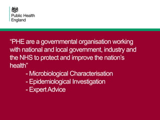 “PHE are a governmental organisation working
with national and local government, industry and
the NHS to protect and impro...