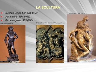 LA SCULTURA
        Lorenzo Ghiberti (1378-1455)                                                       Michelangelo, Pietà, 1550-55


        Donatello (1386-1466)
        Michelangelo (1475-1564)
                                  Ghiberti, Il sacrificio di Isacco, 1401, bronzo dorato
natello, David, 1439-35
 